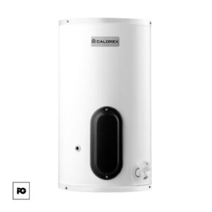 White vertical Calorex water heater/storage tank with a black oval access panel on the front and bottom fittings visible.