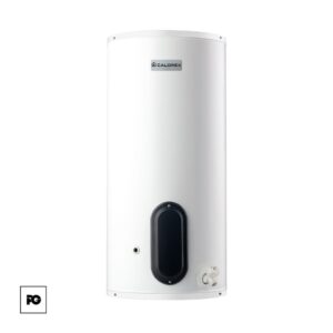 White vertical water heater mounted on a wall shelf in a laundry room