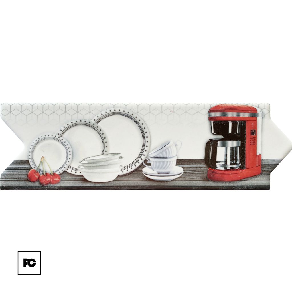 Red coffee maker sits on a wooden counter beside white dishes