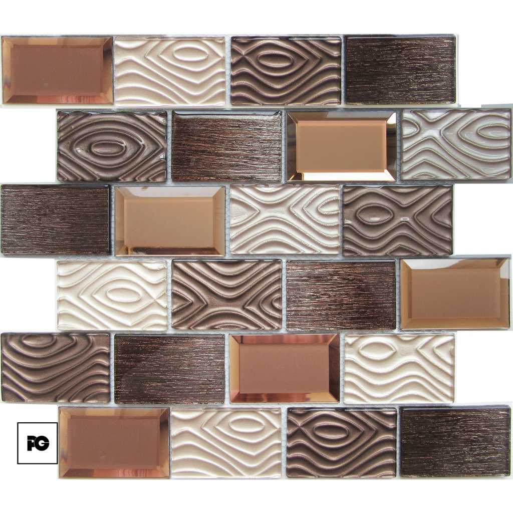 Decorative mosaic tile sheet with rectangular glass tiles in bronze