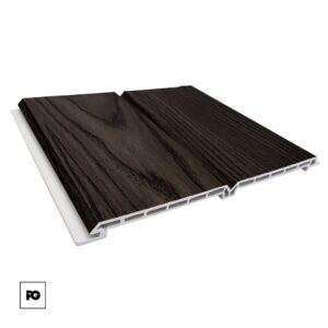 Dark brown wood-grain composite decking plank with hollow underside