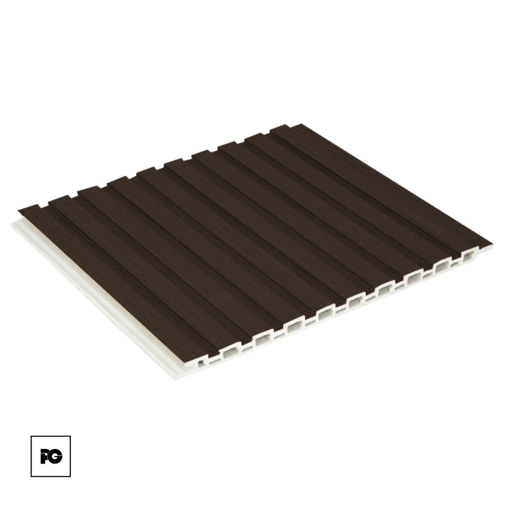 Brown grooved decking board with a white hollow-core underside