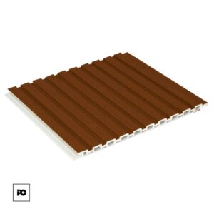 Brown ribbed siding panel with evenly spaced grooves and a white backing visible along the edge (building material). Regular